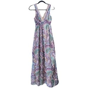 SM Purple Teal Boho Paisley Maxi Dress Teal Crochet Lace V-Neck Halter Lined